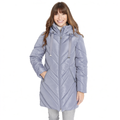 A woman wearing a light lavender-gray hooded puffer jacket with a chevron quilted pattern, standing against a plain white background.