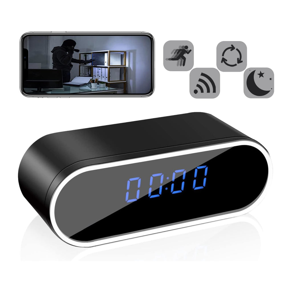 A black digital alarm clock with a glossy finish and blue LED display showing '00:00'. The background is white with a faint reflection underneath.