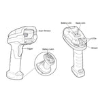 Black and white line drawing showing two views of a handheld barcode scanner with labeled parts including scan window, trigger, battery latch, battery LED, radio LED, LEDs, and beeper.