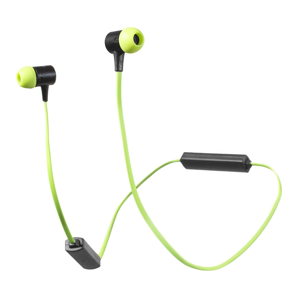 Neon green and black wireless in-ear earphones with a connecting cable, inline remote control, and matching ear tips, shown on a plain white background.