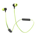 Neon green and black wireless in-ear earphones with a connecting cable, inline remote control, and matching ear tips, shown on a plain white background.