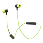 Neon green and black wireless in-ear earphones with a connecting cable, inline remote control, and matching ear tips, shown on a plain white background.