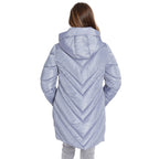 A woman viewed from the back wearing a light lavender hooded puffer jacket with a chevron quilted pattern, set against a plain white background.