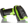 A cordless handheld power tool, likely a drill or impact driver, shown from a side angle on a reflective white surface. The tool has a black textured body with bright lime green accents and is covered in water droplets.
