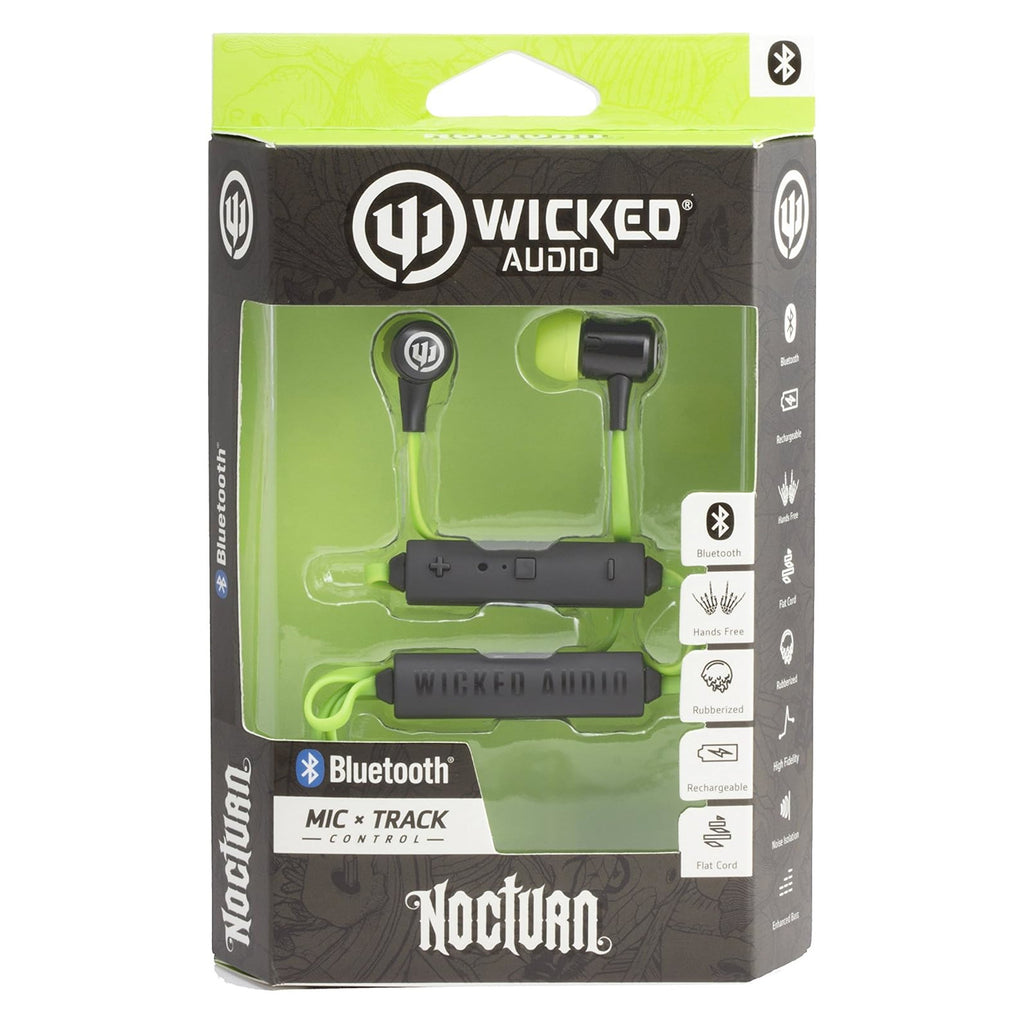 Wicked Audio Nocturn Bluetooth in-ear earphones in lime green and black, shown in their original retail packaging.