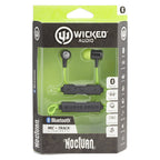Wicked Audio Nocturn Bluetooth in-ear earphones in lime green and black, shown in their original retail packaging.