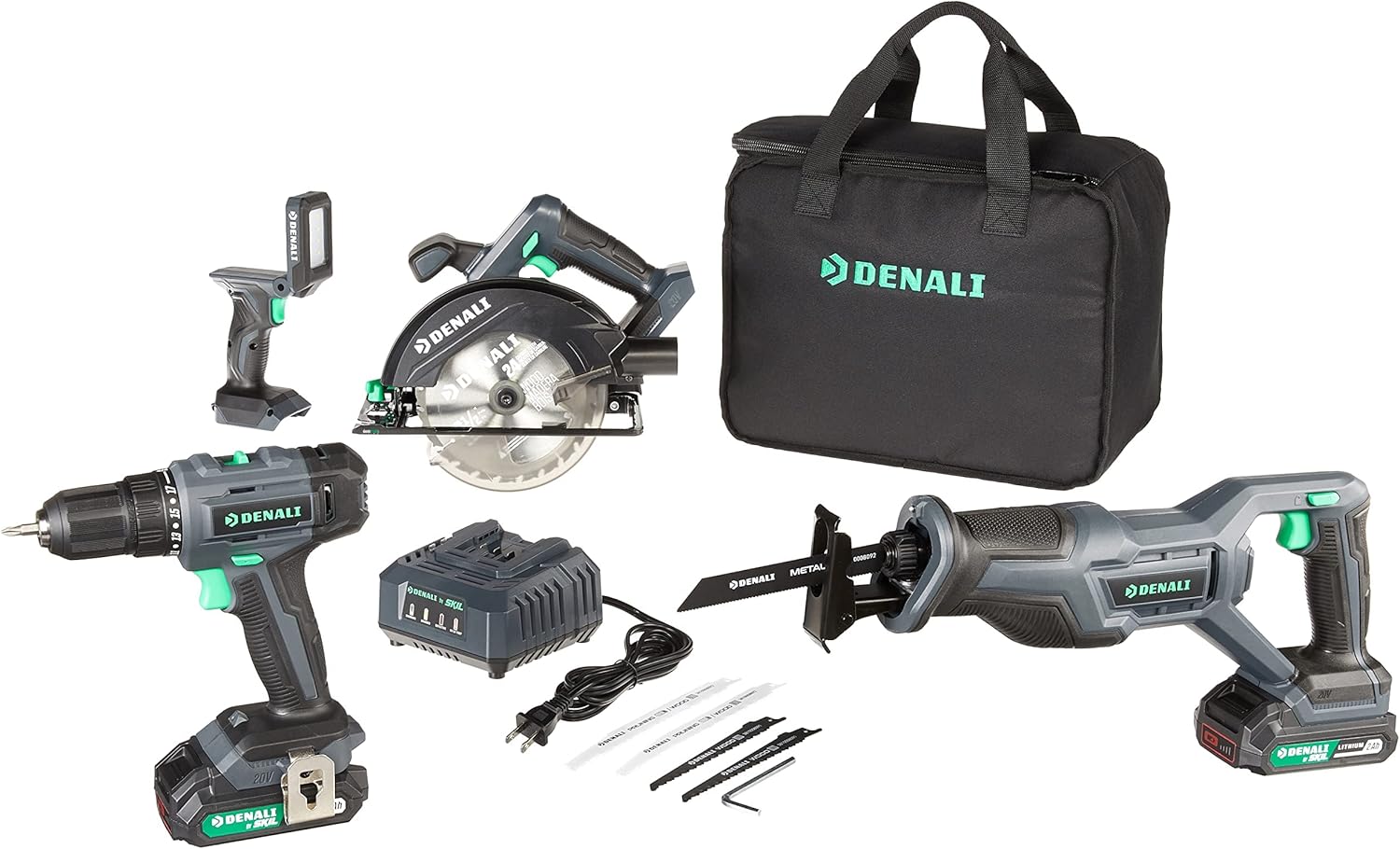 DENALI BY SKIL 20V CORDLESS DRILL, RECIPROCATING & CIRCULAR SAW, WORK LIGHT WITH (2) 2.0AH LITHIUM BATTERIES, 2.4A CHARGER & CARRY BAG