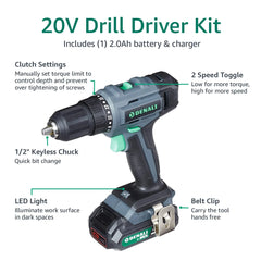 Denali by SKIL 20V Cordless Power Drill Driver Kit with 2.0Ah Lithium Battery and 2.4A Charger