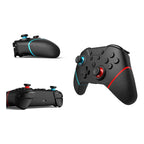 Three views of a black wireless gaming controller on a white background, showing the front, side, and back with blue and red accents.