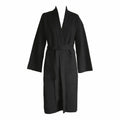 A black long-sleeved wrap robe with a matching waist tie belt, displayed on a headless mannequin against a plain white background.