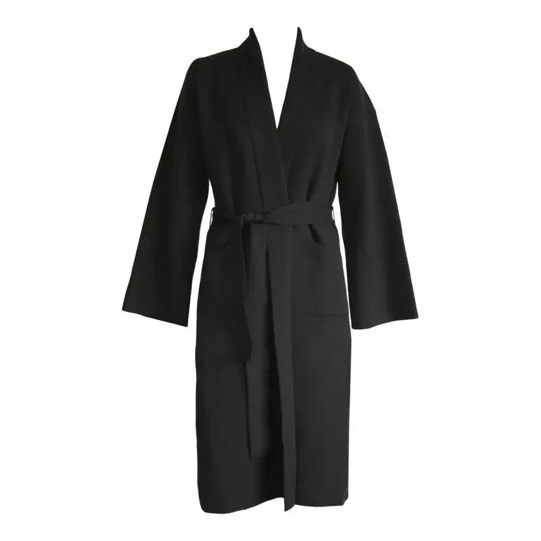 A black long-sleeved wrap robe with a matching waist tie belt, displayed on a headless mannequin against a plain white background.