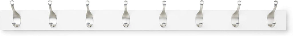 Row of silver hooks on a white background