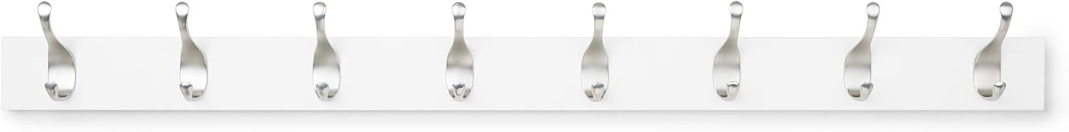 Row of silver hooks on a white background