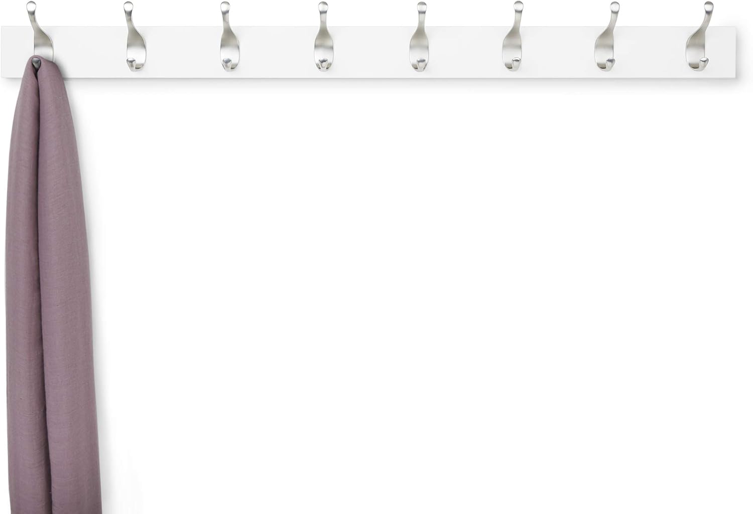 White wall-mounted coat rack with hooks and a purple scarf on a white background