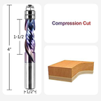 Solid Carbide Compression Spiral Flush Trim Router Bit | 1/2" Shank, TAC-Coated with Bottom Bearing