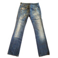 A pair of distressed blue denim jeans with a faded wash and ripped details, shown flat against a plain white background.