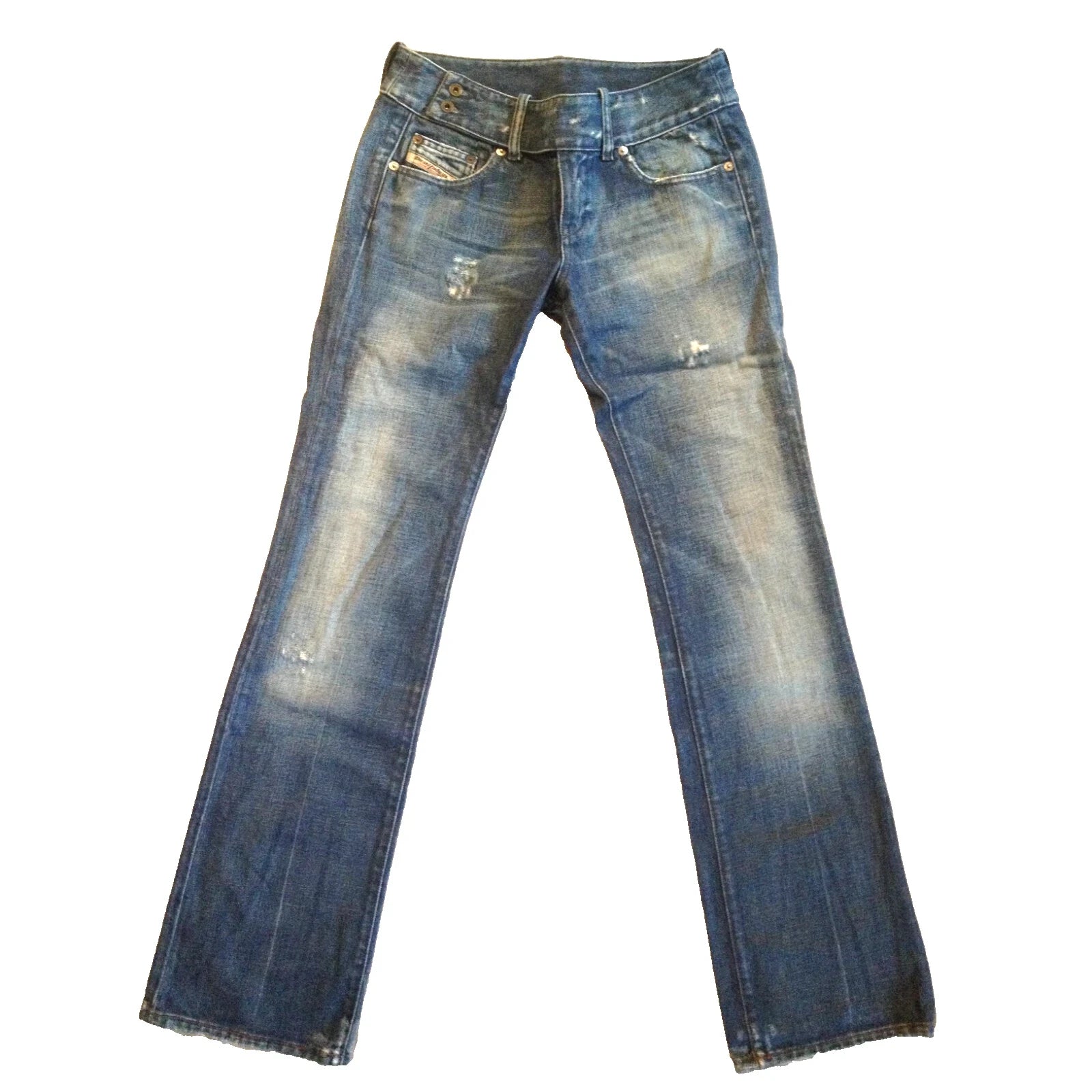 A pair of distressed blue denim jeans with a faded wash and ripped details, shown flat against a plain white background.