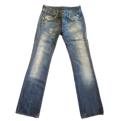 A pair of distressed blue denim jeans with a faded wash and ripped details, shown flat against a plain white background.