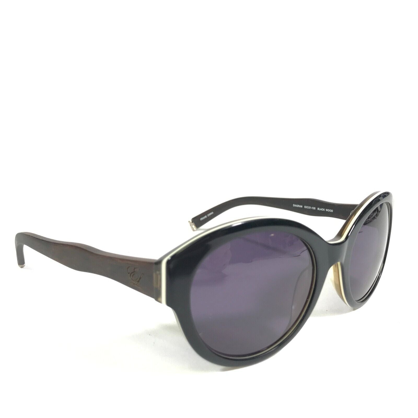 SUNGLASSES DIAGRAM BLACK WOOD BROWN ROUND FRAMES W PURPLE LENSES