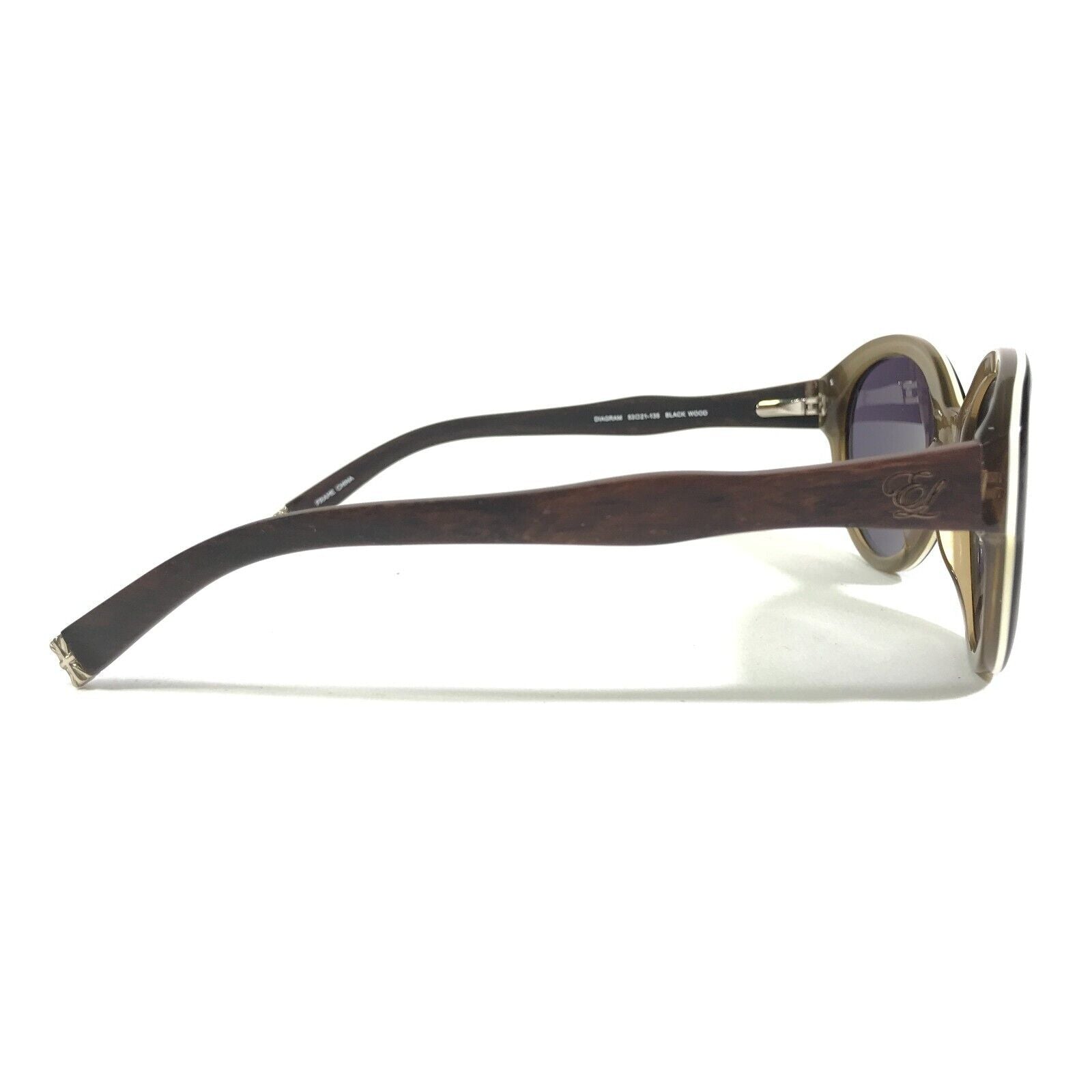 SUNGLASSES DIAGRAM BLACK WOOD BROWN ROUND FRAMES W PURPLE LENSES