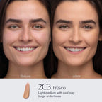 Before and after comparison of a woman's face with 2C3 Fresco makeup shade applied.