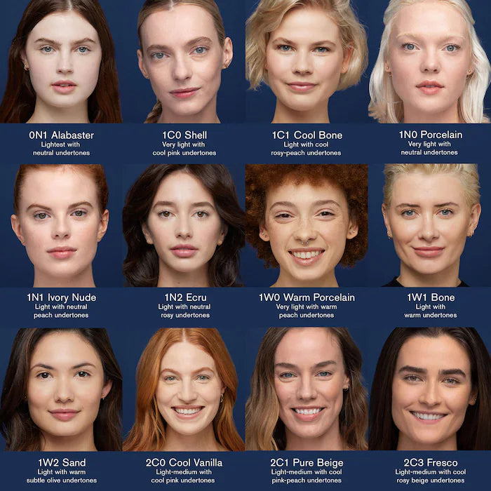 Grid of women with different skin tones and color names on a blue background
