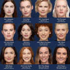 Grid of women with different skin tones and color names on a blue background