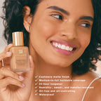 Woman holding Estée Lauder foundation bottle with product features listed.