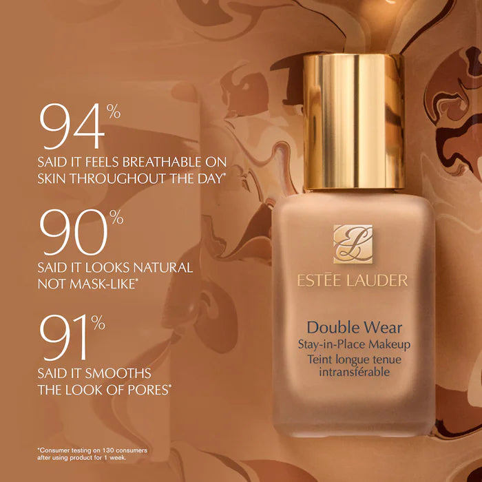 Estée Lauder Double Wear foundation bottle with customer feedback on a brown background