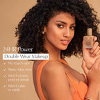 Woman holding a bottle of makeup with product features listed on a beige background