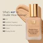 Estée Lauder Double Wear foundation bottle with ingredients list on a beige background