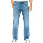 A person wearing light blue denim jeans with a white t-shirt and white sneakers, shown from the waist down against a plain white background.
