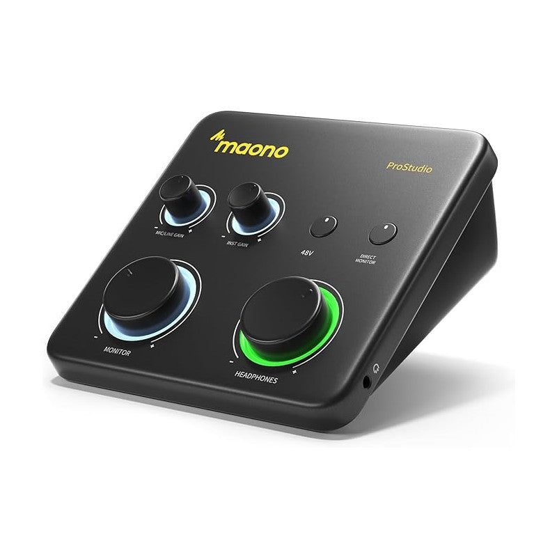 Maono PreStudio portable audio interface device in black, featuring four rotary knobs with blue and green LED accents, on a clean white background.