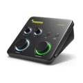 Maono PreStudio portable audio interface device in black, featuring four rotary knobs with blue and green LED accents, on a clean white background.