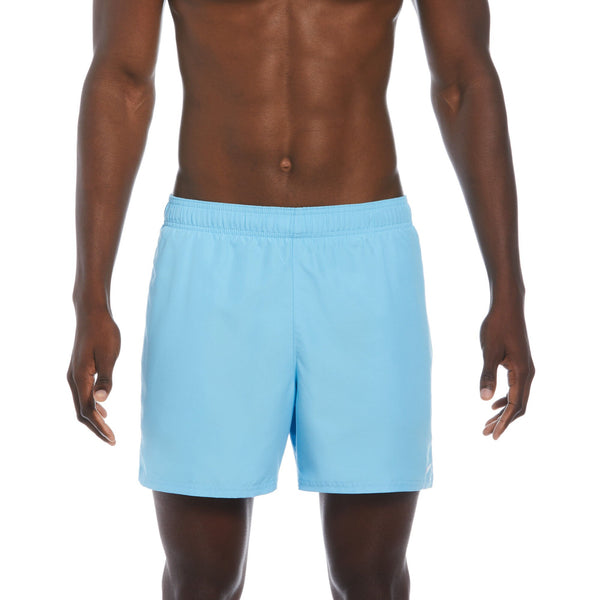 Light blue swim shorts worn by a person on a white background