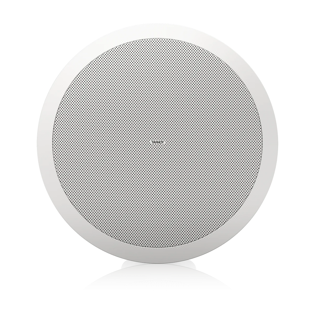 A round white ceiling speaker with a silver perforated grille, shown from a top-down view on a white background with a soft reflection below.