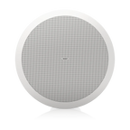 A round white ceiling speaker with a silver perforated grille, shown from a top-down view on a white background with a soft reflection below.