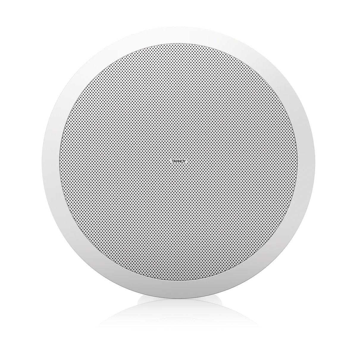 A round white ceiling speaker with a silver perforated grille, shown from a top-down view on a white background with a soft reflection below.