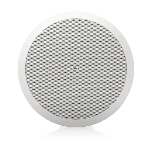 A round white ceiling speaker with a silver perforated grille, shown from a top-down view on a white background with a soft reflection below.