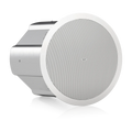 A round ceiling-mounted speaker with a white front grille and a brushed silver metal side housing, shown on a clean white background with a soft reflection.