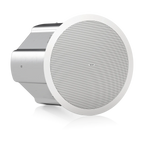 A round ceiling-mounted speaker with a white front grille and a brushed silver metal side housing, shown on a clean white background with a soft reflection.