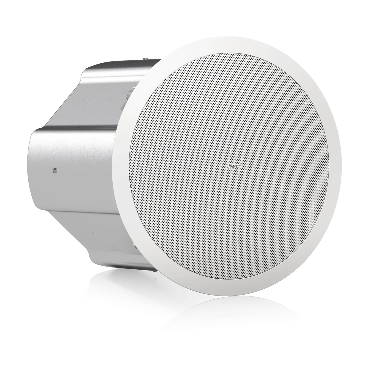 A round ceiling-mounted speaker with a white front grille and a brushed silver metal side housing, shown on a clean white background with a soft reflection.