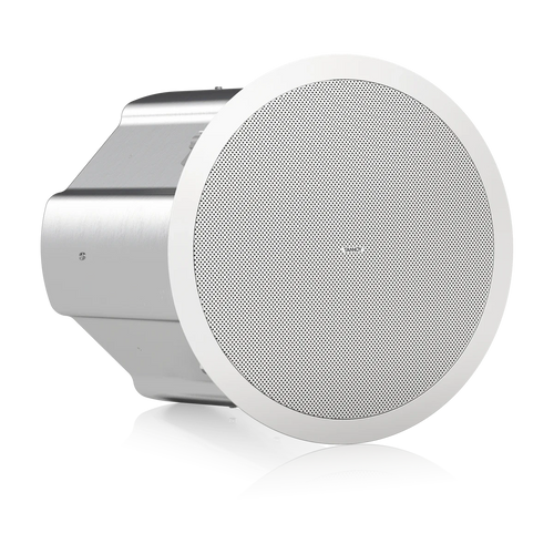 A round ceiling-mounted speaker with a white front grille and a brushed silver metal side housing, shown on a clean white background with a soft reflection.