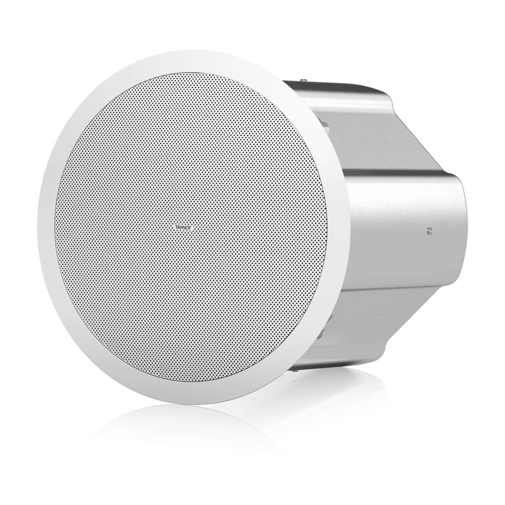A flush-mount ceiling speaker with a white circular grille and a silver metallic mounting housing, shown at an angle on a white background.