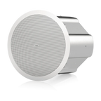 A flush-mount ceiling speaker with a white circular grille and a silver metallic mounting housing, shown at an angle on a white background.