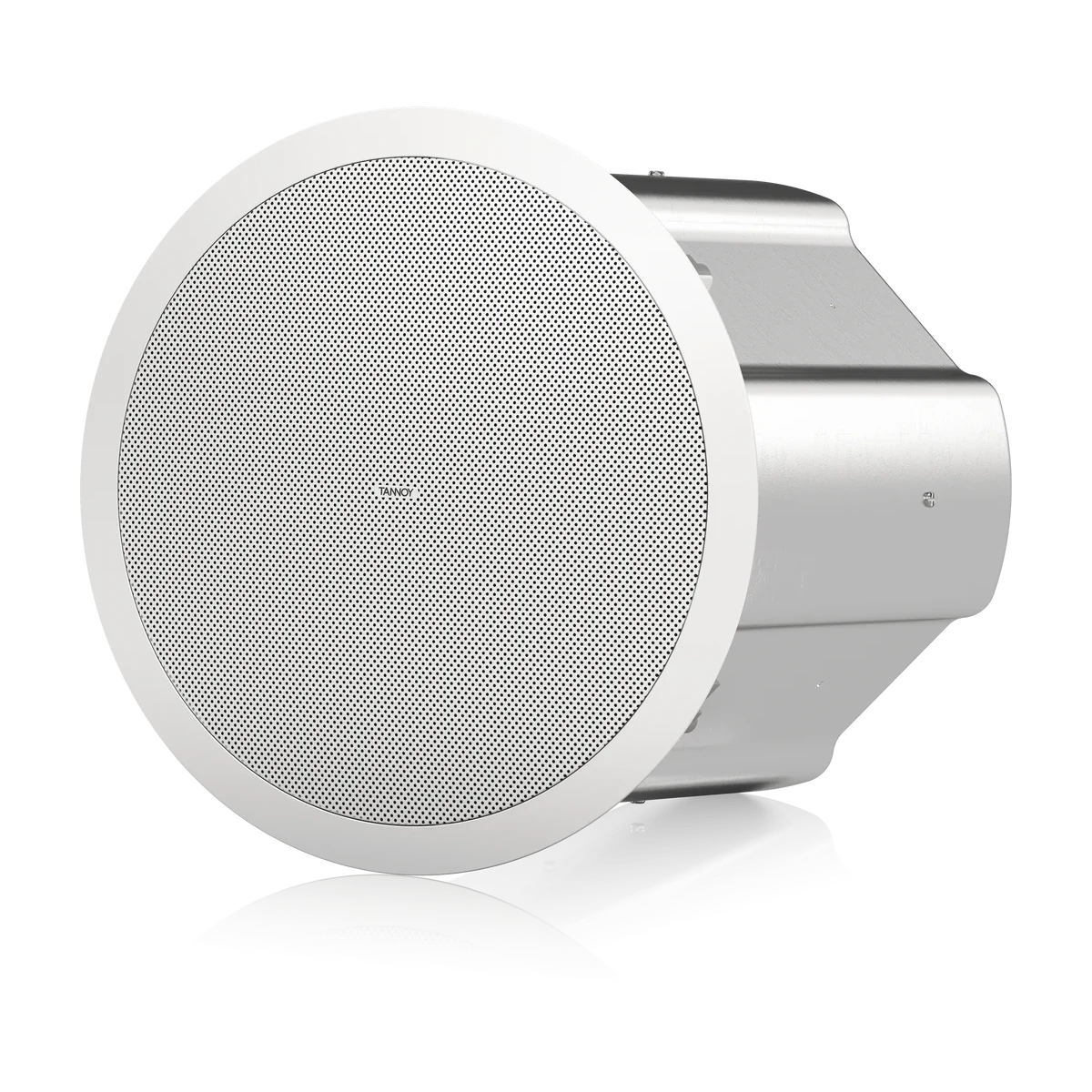 A flush-mount ceiling speaker with a white circular grille and a silver metallic mounting housing, shown at an angle on a white background.