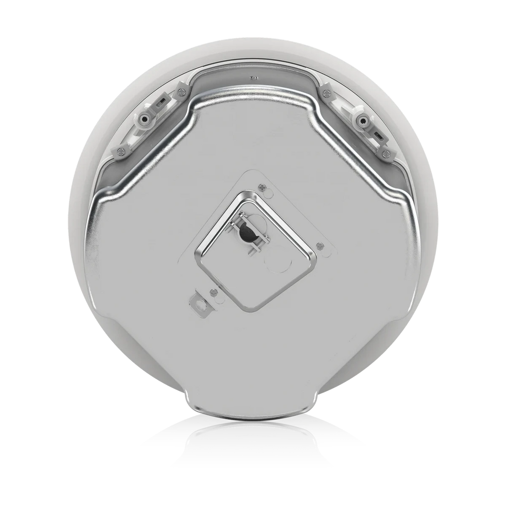 The underside of a round, metallic silver device, showing mounting brackets and a central square connector, on a white background.