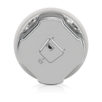 The underside of a round, metallic silver device, showing mounting brackets and a central square connector, on a white background.