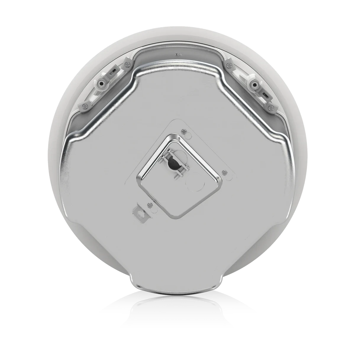 The underside of a round, metallic silver device, showing mounting brackets and a central square connector, on a white background.