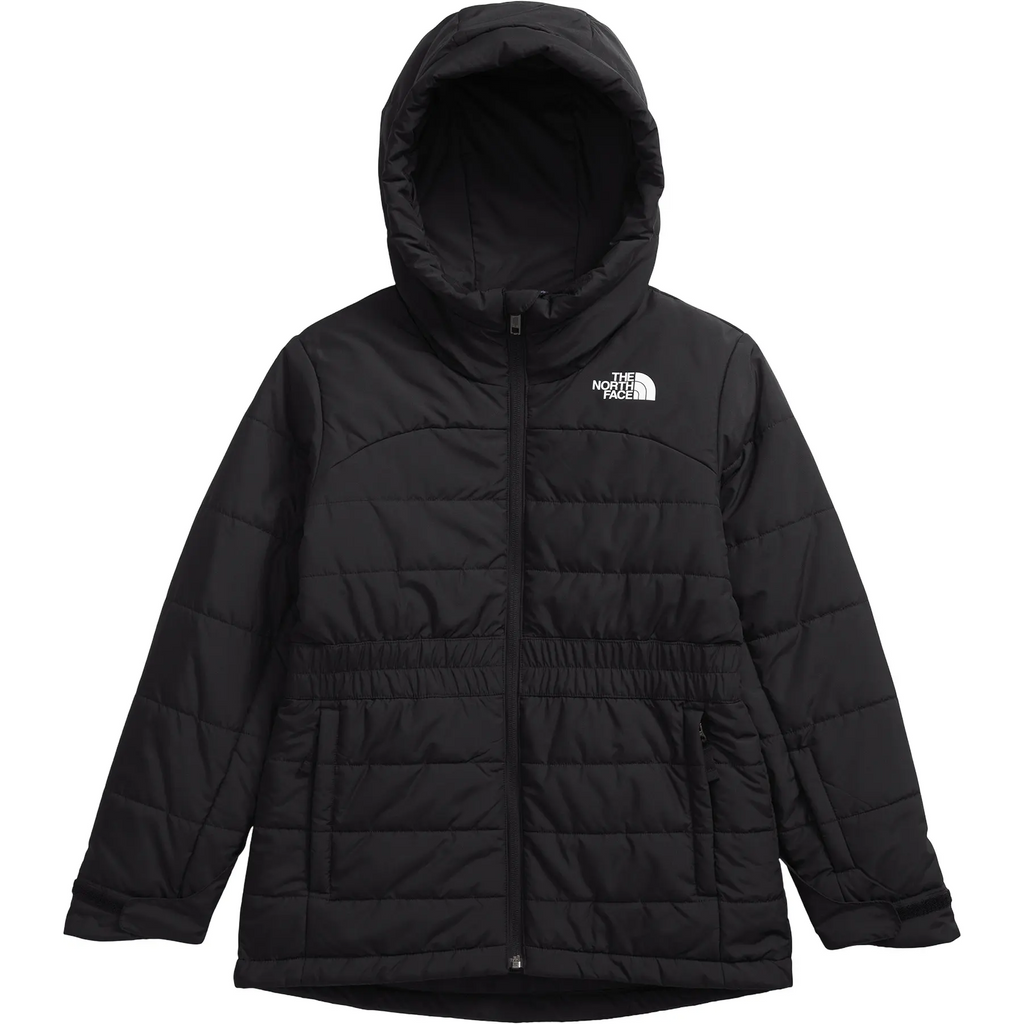 A black hooded puffer jacket with horizontal quilting, a front zipper, and a white embroidered logo of The North Face on the left chest, shown against a plain white background.